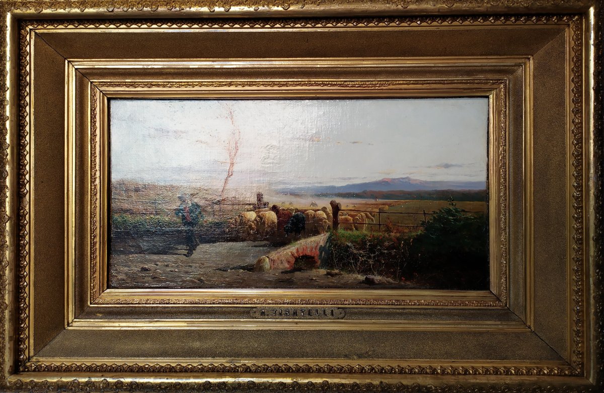 Paysage, Peinture, Peinture, Huile Sur Toile Signée A.Tiratelli, Rome XIXe Siècle