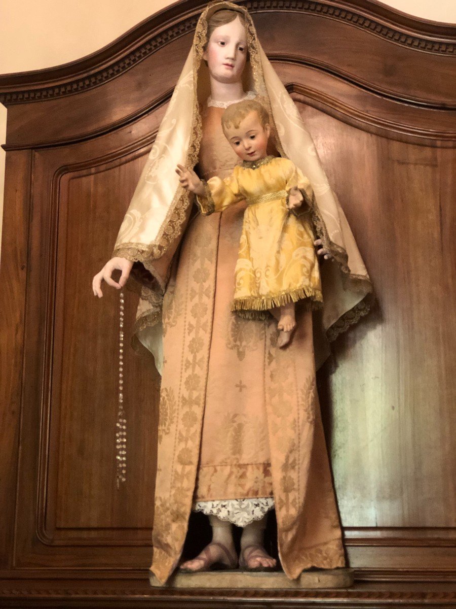 Statue-mannequin "habillé" En Carton Romain De Marie Et ​​enfant Jésus XVIIIème Siècle -photo-2