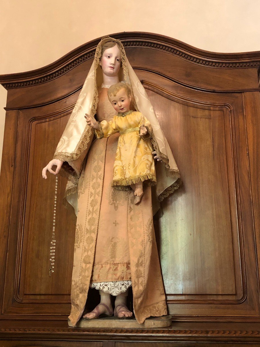 Statue-mannequin "habillé" En Carton Romain De Marie Et ​​enfant Jésus XVIIIème Siècle 