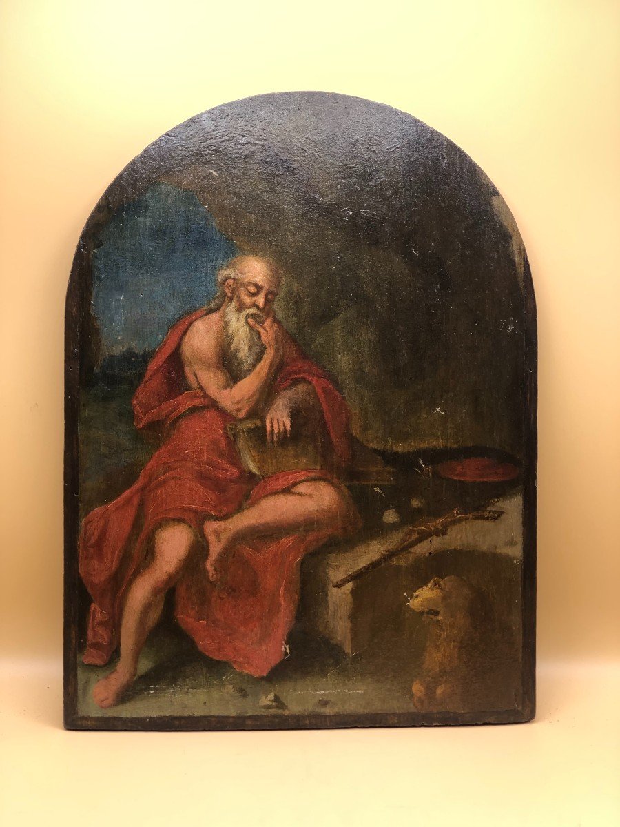 Beautiful Centered Tablet Painted In Oil Representing Saint Jerome, 18th Century Work  