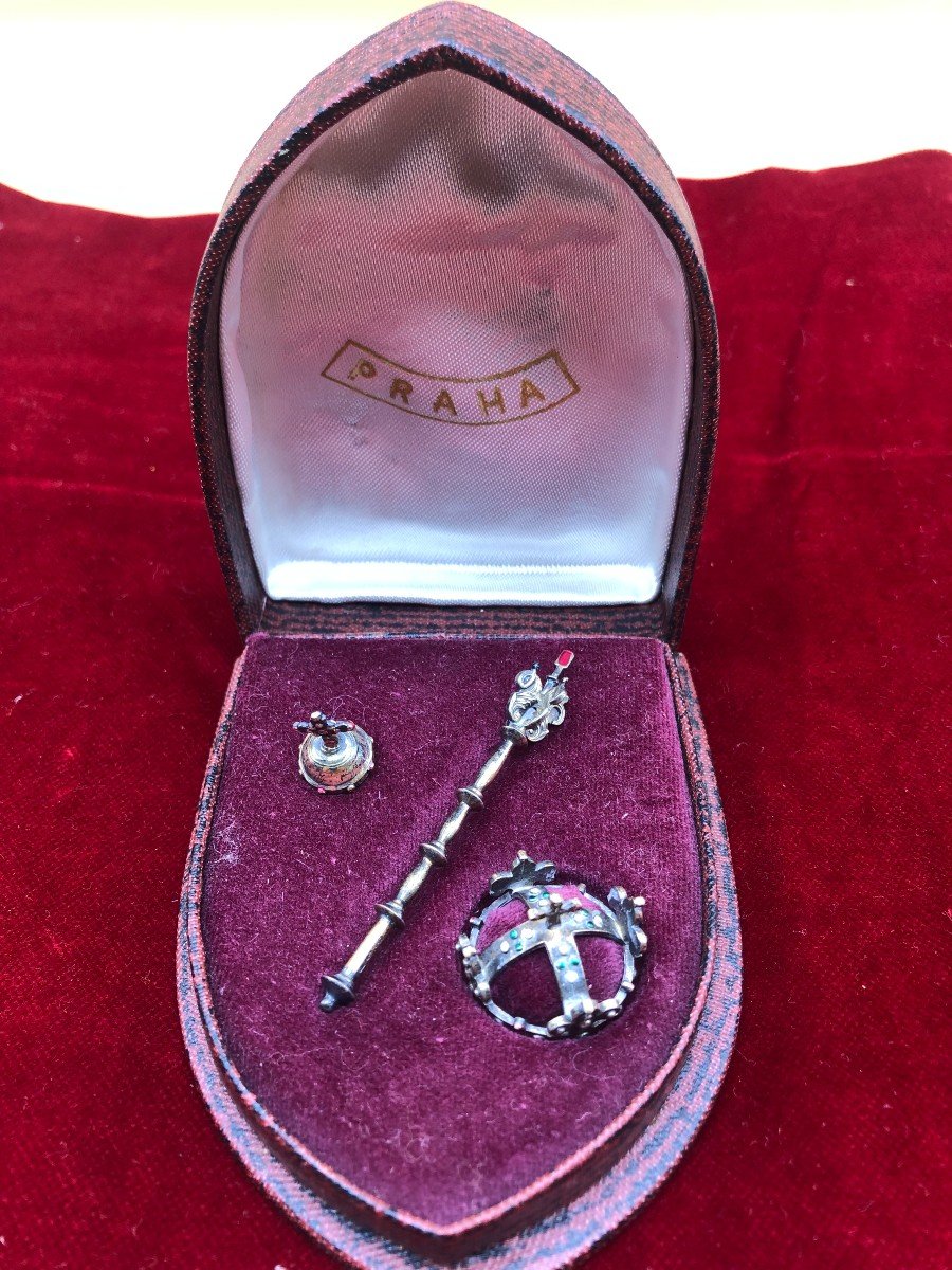 Miniature Royal And Imperial Insignia Of The Holy German Empire, Scepter, Crown And Earthly Orb