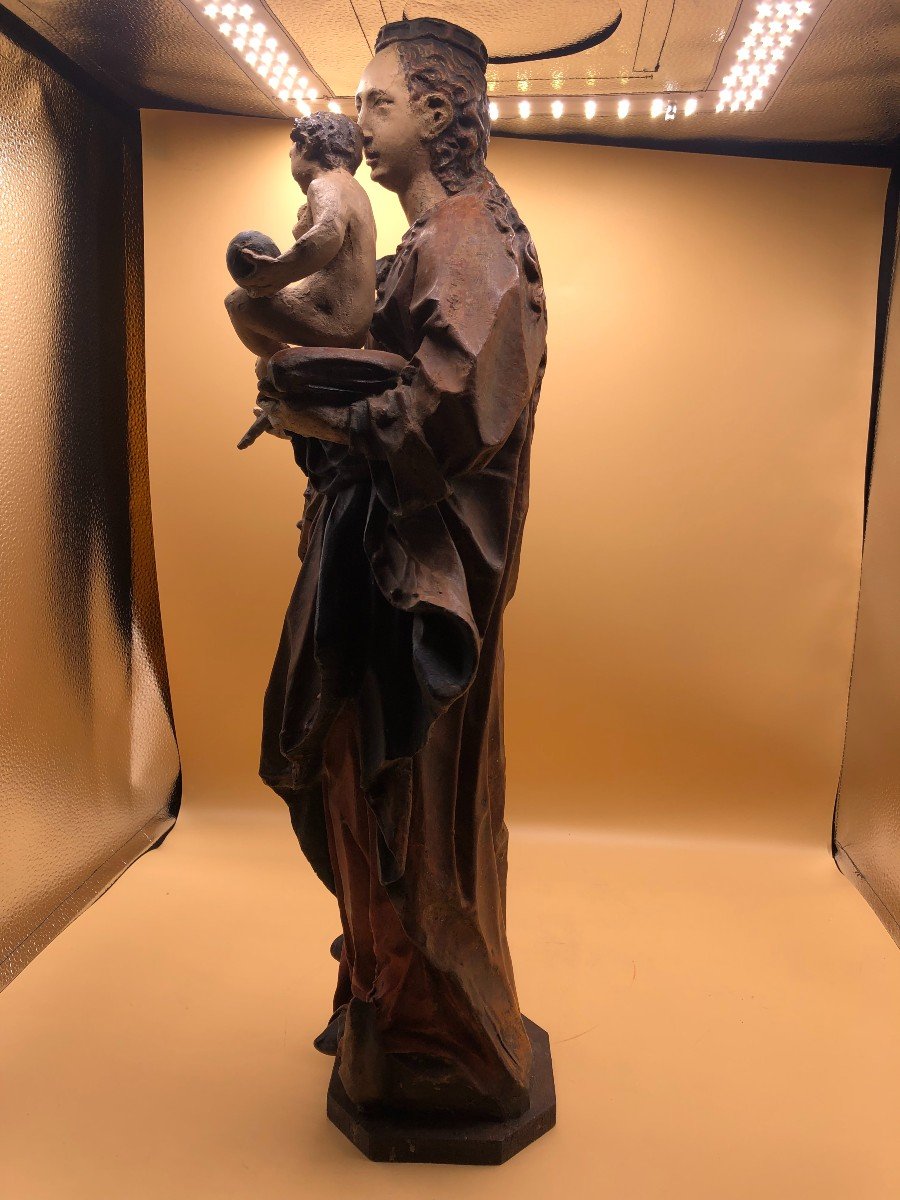 Statuette En Bois Sculpté, à Rayures Et Polychrome Représentant Marie à l'Enfant-photo-3