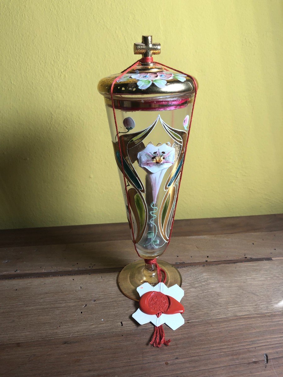 Reliquaire En Verre Peint Et Soufflé De Sainte Catherine De Sienne Début Du 20ème Siècle.