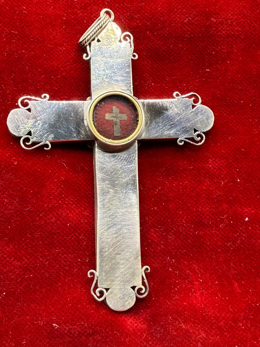 Croix reliquaire pectorale en argent avec mosaïque et relique de la Sainte Croix-photo-2