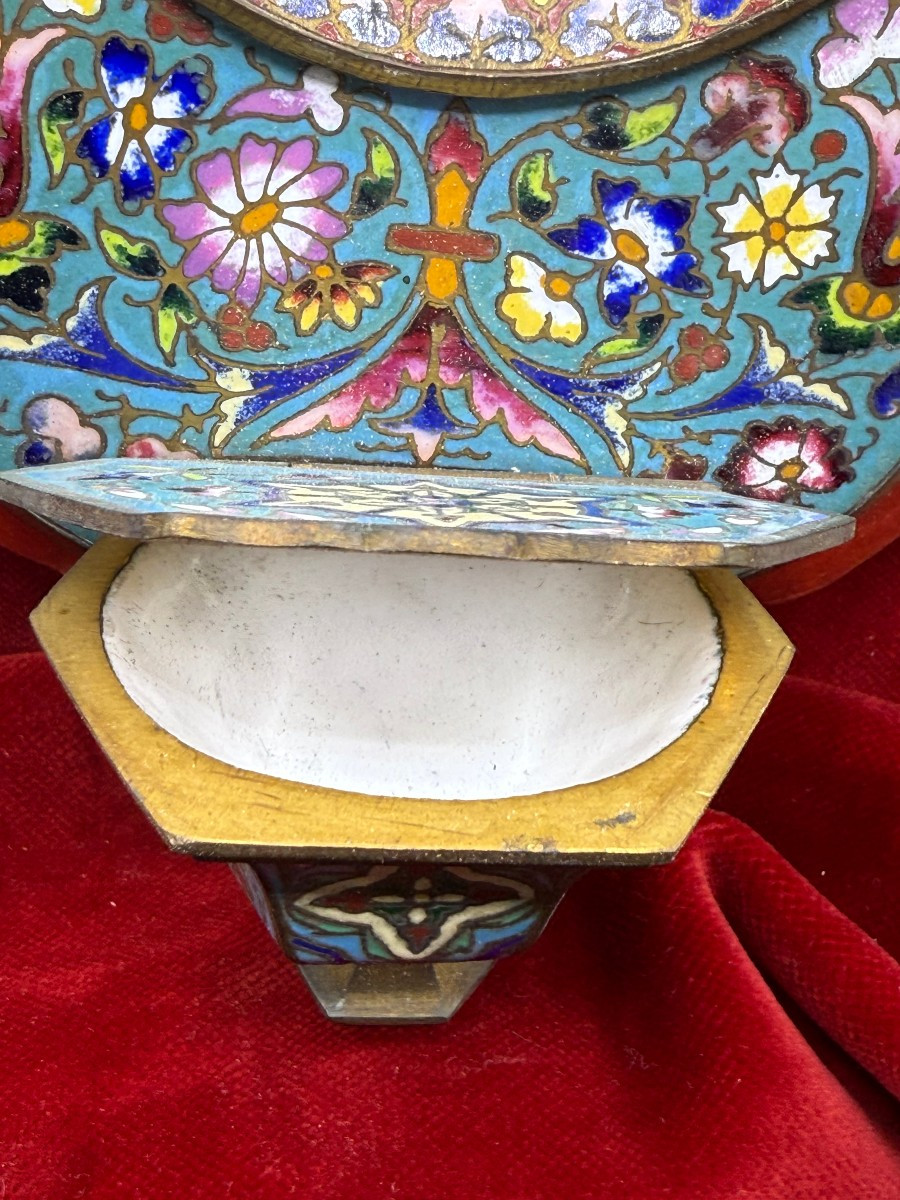 Cloisonné Wall-mounted Holy Water Stoup With Miniature Painted On Porcelain-photo-3