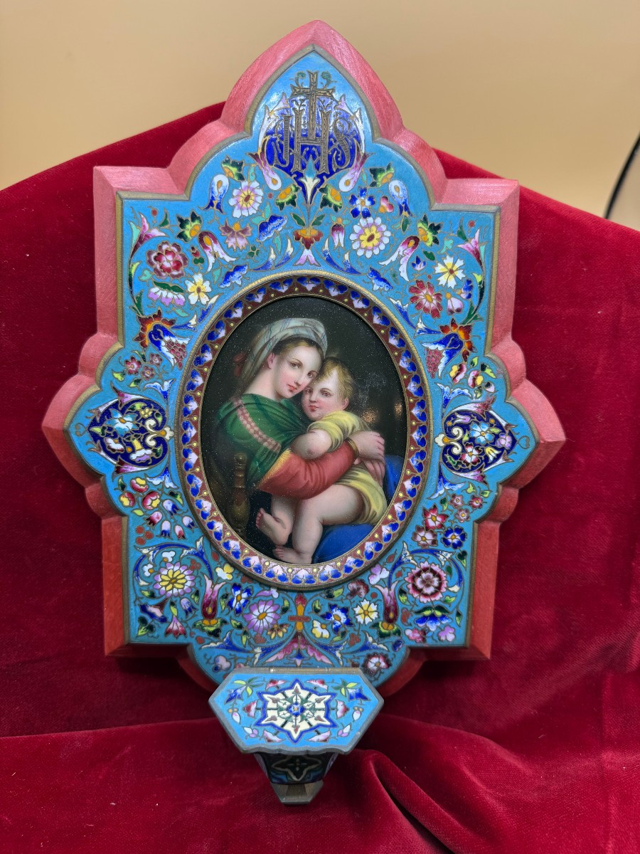 Cloisonné Wall-mounted Holy Water Stoup With Miniature Painted On Porcelain