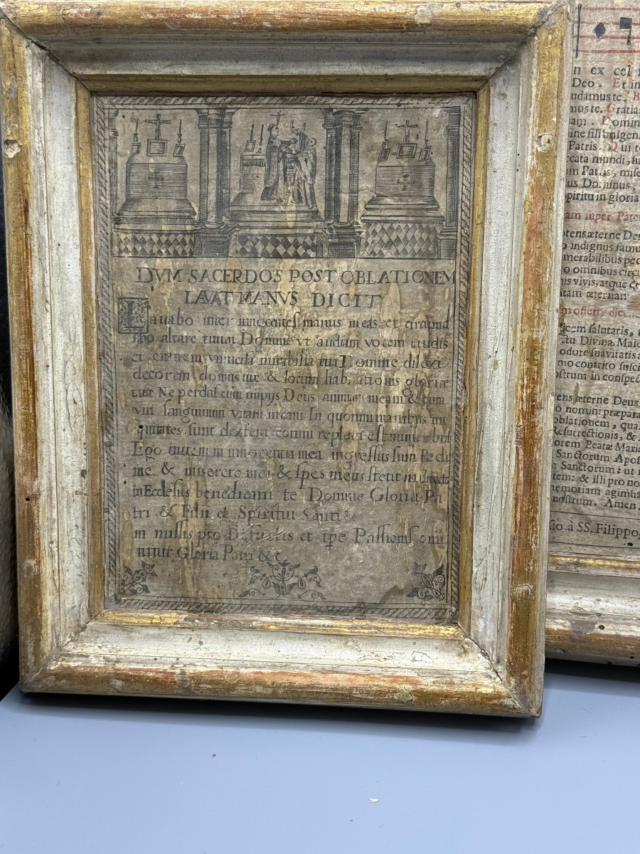 Carteglorie en bois peint et or pur avec des gravures originales du XVIIe siècle.-photo-2