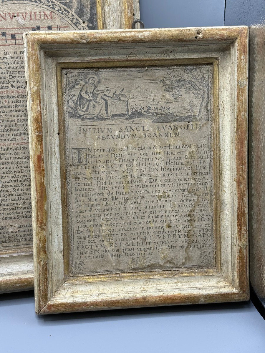 Carteglorie en bois peint et or pur avec des gravures originales du XVIIe siècle.-photo-3