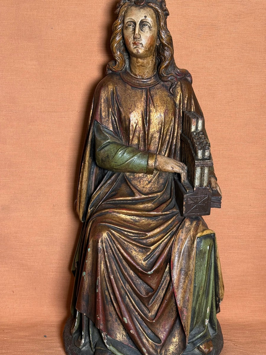 Statue sculptée, dorée et polychrome représentant sainte Cécile avec un orgue portatif  -photo-3