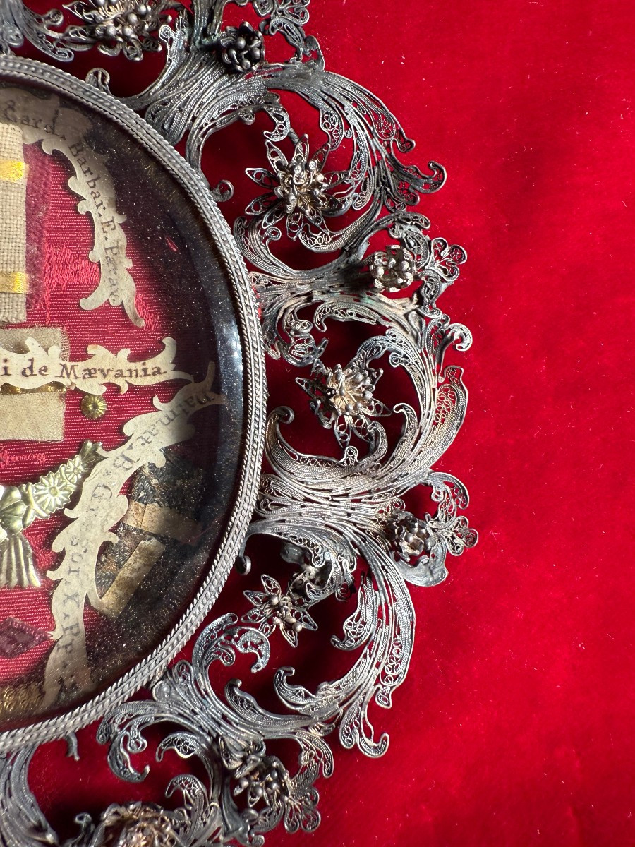 Silver Filigree Reliquary With Fragments Of The Robes Of Four Saints-photo-4