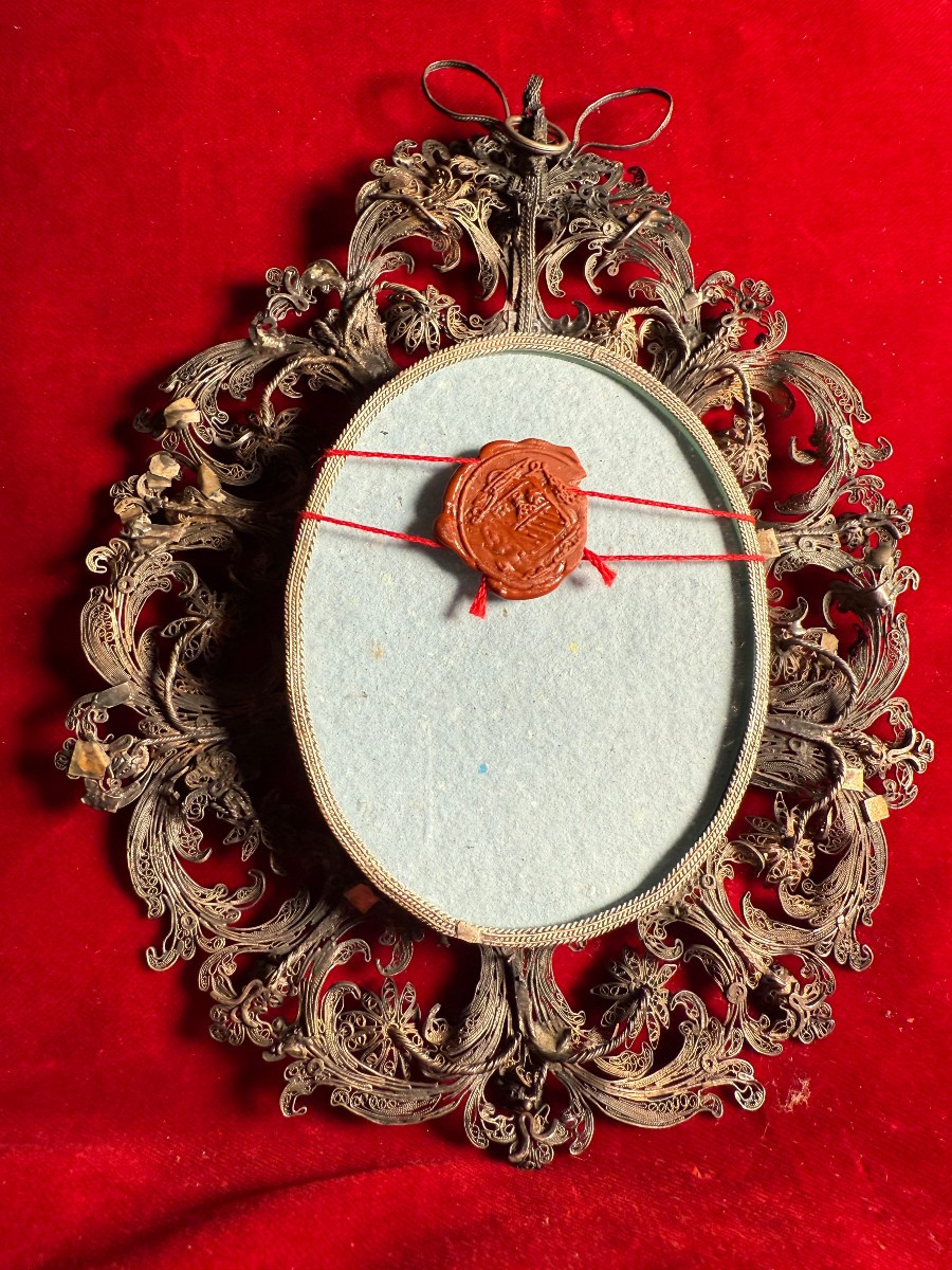 Silver Filigree Reliquary With Fragments Of The Robes Of Four Saints-photo-2