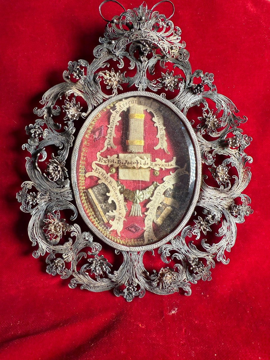Silver Filigree Reliquary With Fragments Of The Robes Of Four Saints