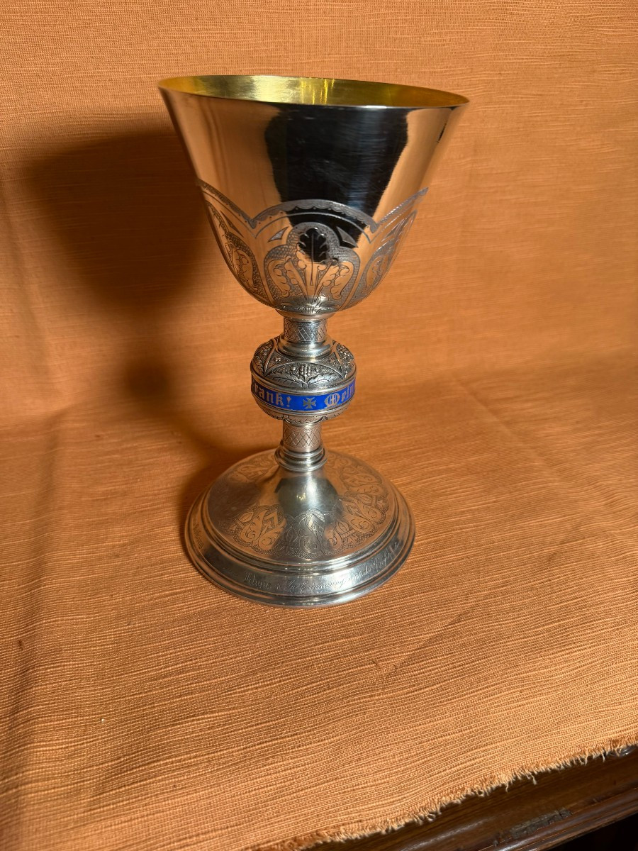 Late 19th-early 20th-century Silver Chalice, Chiseled And Embossed, In A Wooden And Leather Cas-photo-2