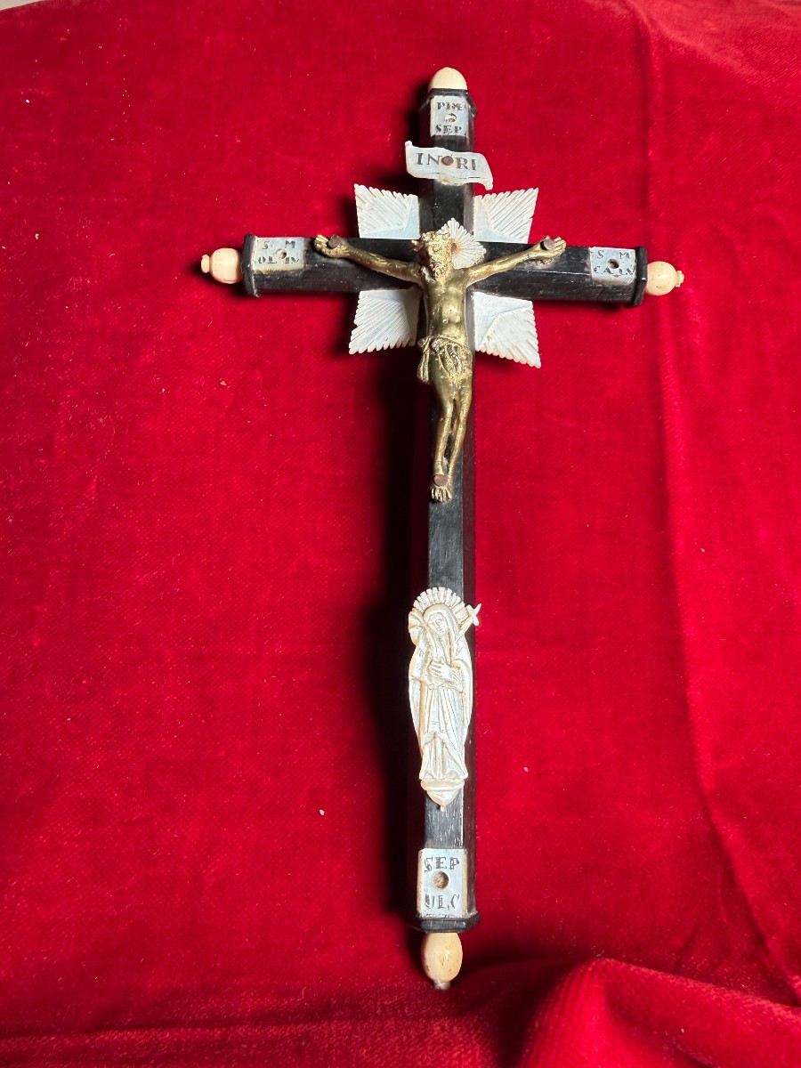 Holy Land Cross In Ebonized Wood With Bone And Mother-of-pearl Inserts