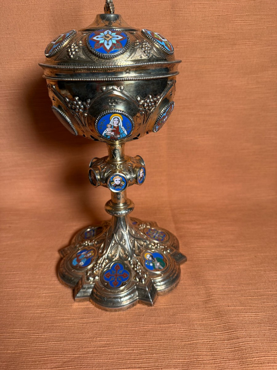 239 French-style Pyx From The Early 19th Century In Solid Silver With Polychrome Enamel Cameos-photo-3