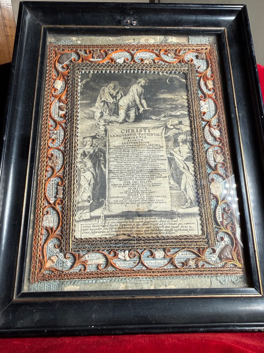 Reliquary Painting In An Ebonized Wooden Frame With 24 Relic Fragments-photo-4