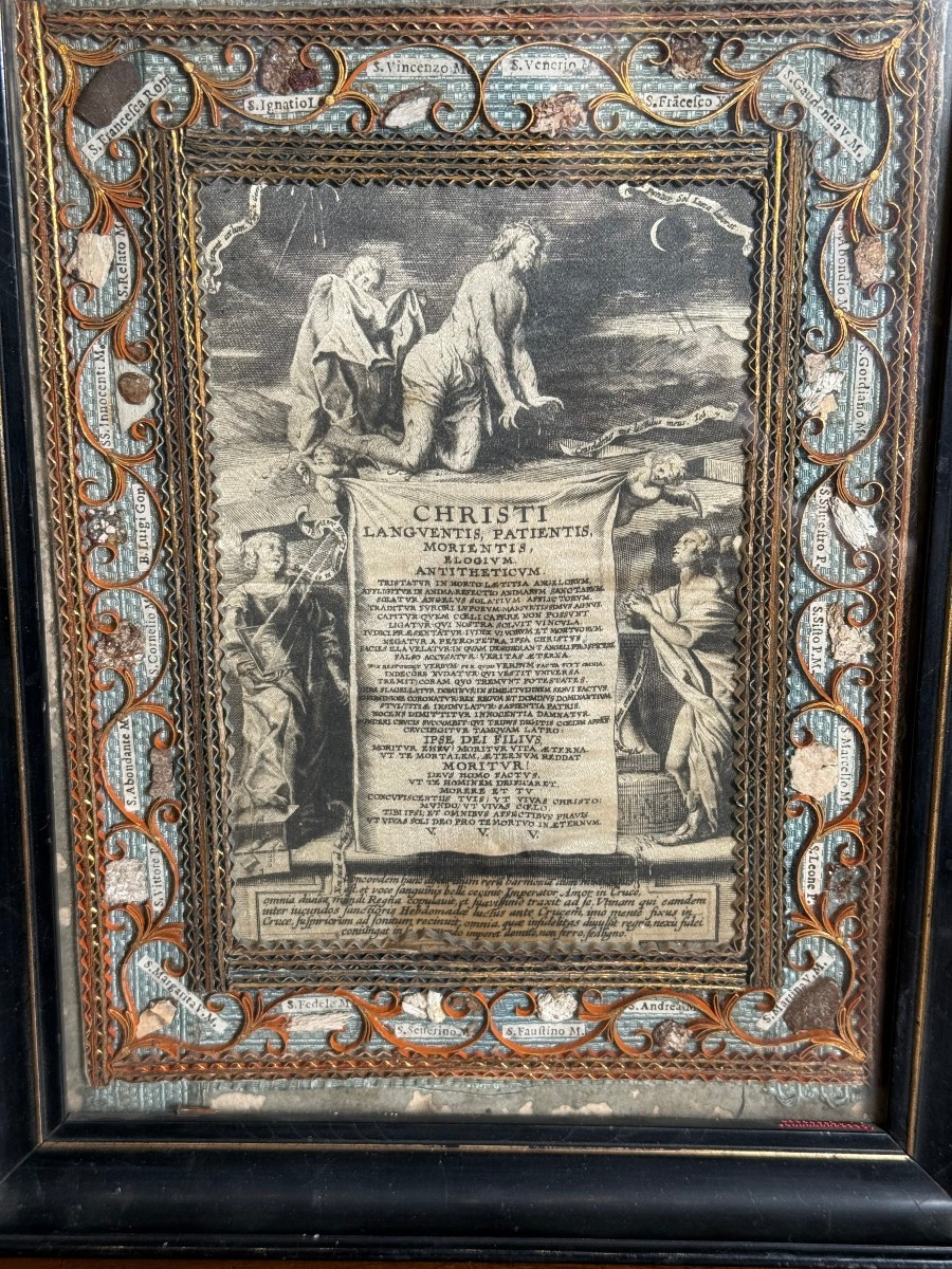 Reliquary Painting In An Ebonized Wooden Frame With 24 Relic Fragments