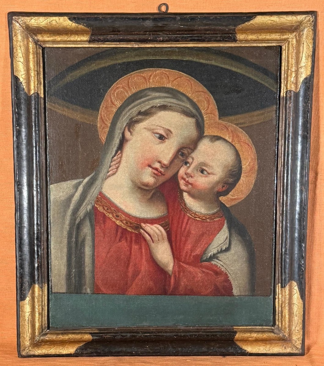Tableau sur toile du XVIIIe siècle représentant la Vierge du Bon Consigne, dans son cadre d'épo