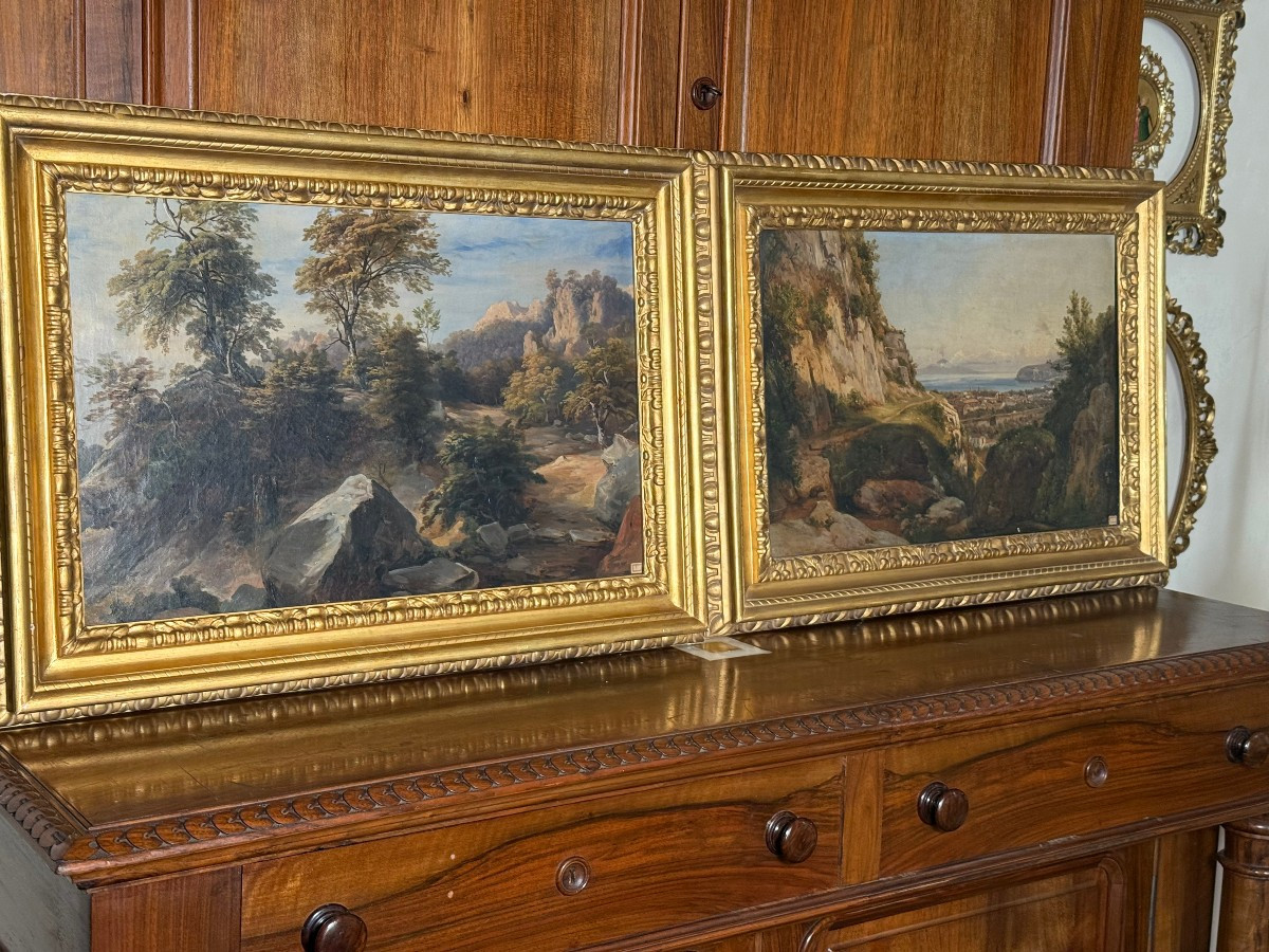 Deux peintures à l'huile représentant des vues de la fin du XIXe siècle, avec leurs cadres 