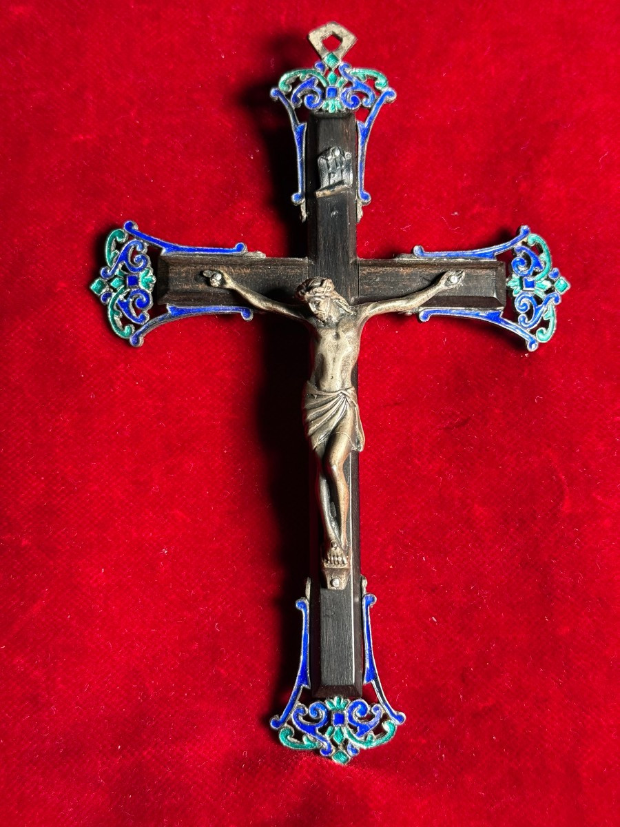 Crucifix en argent émaillé et bois d'ébène  -photo-2