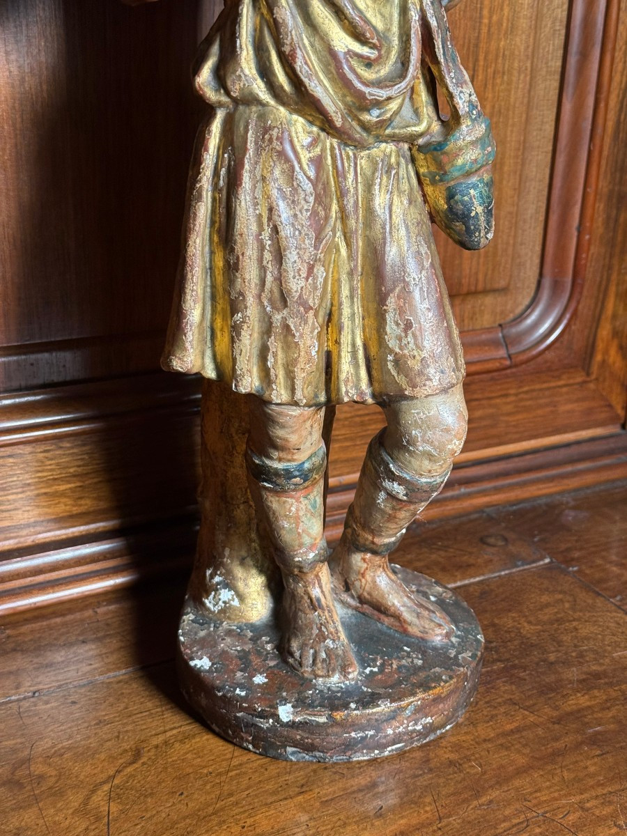 Statuette en terre cuite polychrome à dorure à l'or pur représentant le « Bon Pasteur »-photo-4