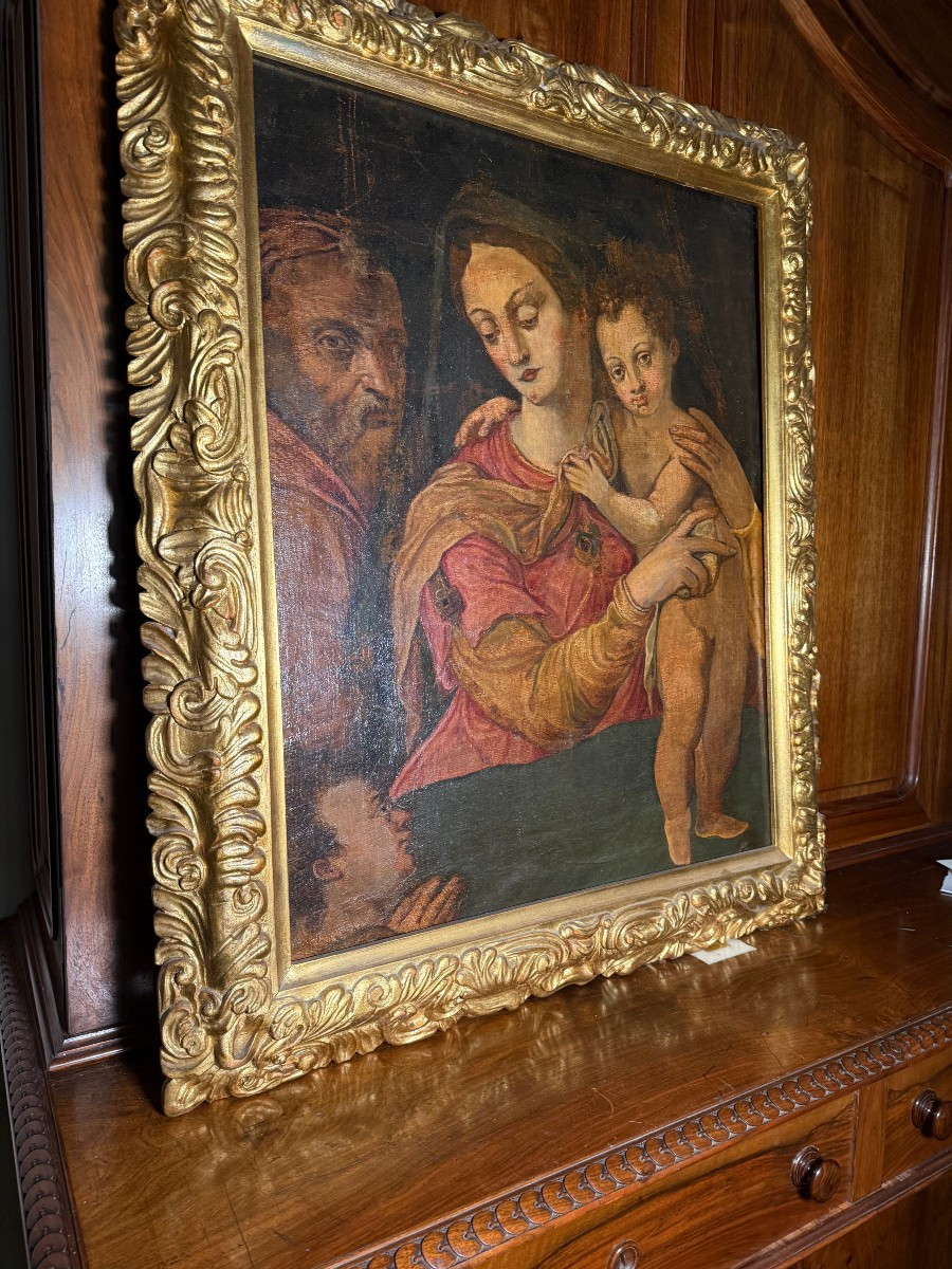 Peinture sur toile représentant la Vierge à l'Enfant avec saint Joseph
