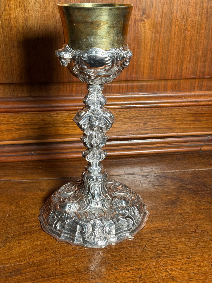 Louis XVI-style Embossed Silver Chalice With Matching Paten And Leather Case 