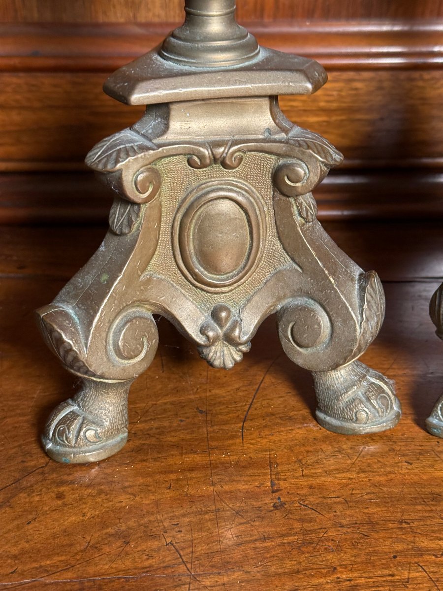 Paire de chandeliers en bronze tourné, XIXe siècle  -photo-2