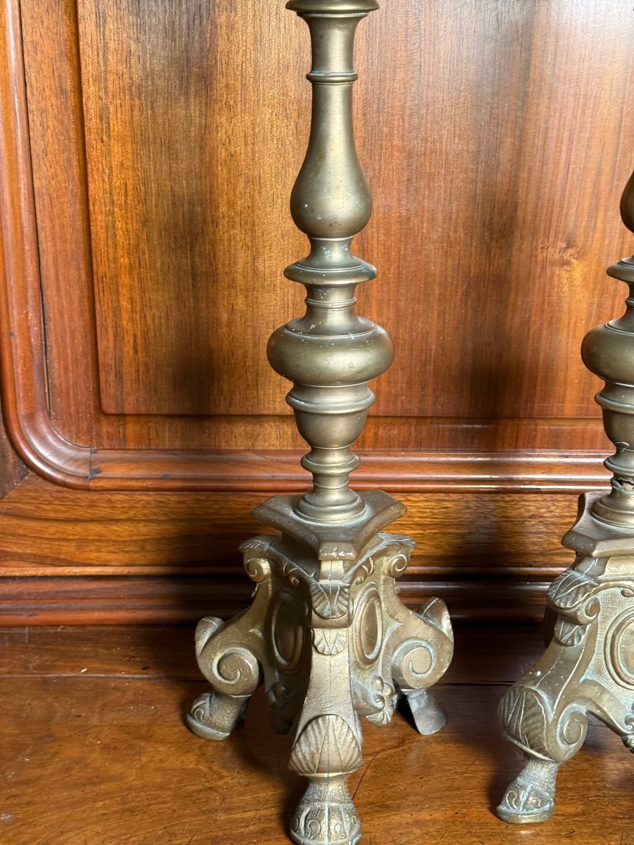 Paire de chandeliers en bronze tourné, XIXe siècle  -photo-1