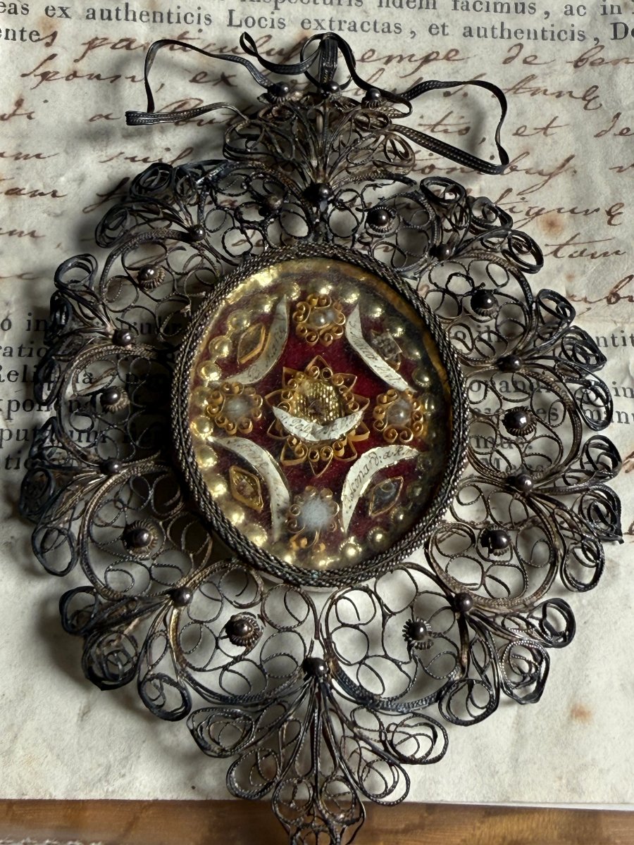 Reliquaire en filigrane d'argent, authentifié par S. Anne Giuseppe Leonardo et Andrea Avellino-photo-2