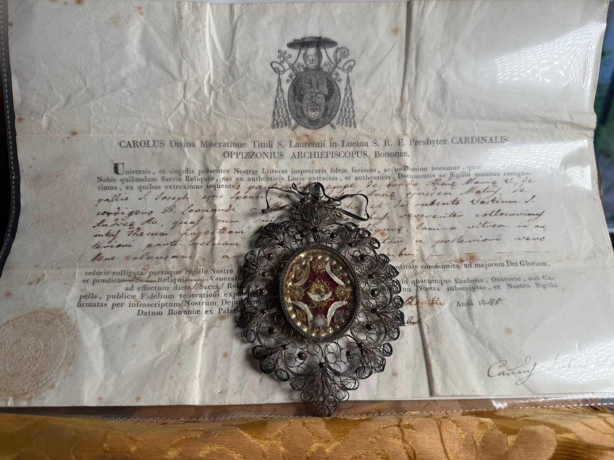 Reliquaire en filigrane d'argent, authentifié par S. Anne Giuseppe Leonardo et Andrea Avellino