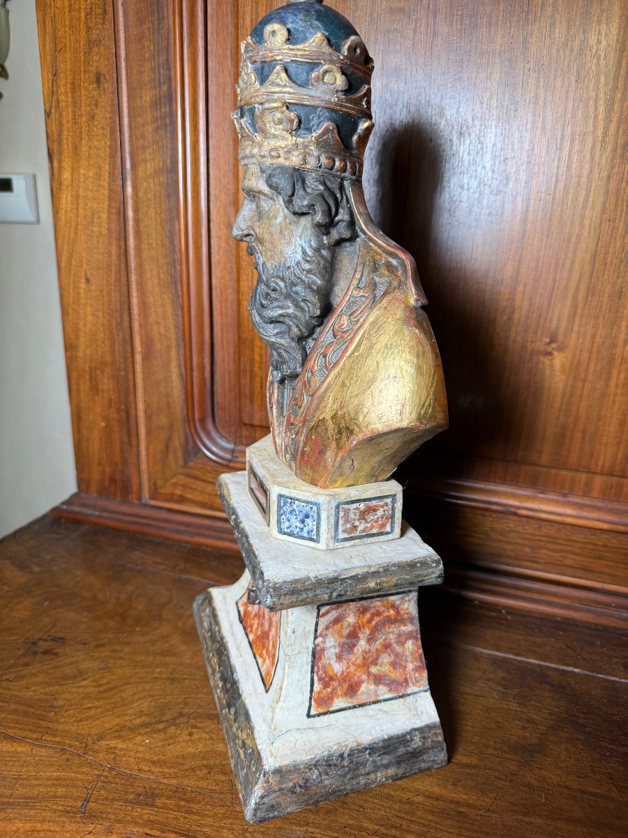 Carved And Painted Reliquary Bust Of Pope Leo The Great, 18th Century -photo-1