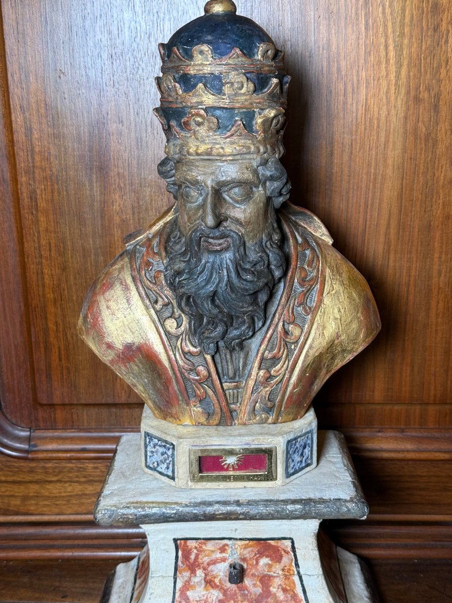 Carved And Painted Reliquary Bust Of Pope Leo The Great, 18th Century 