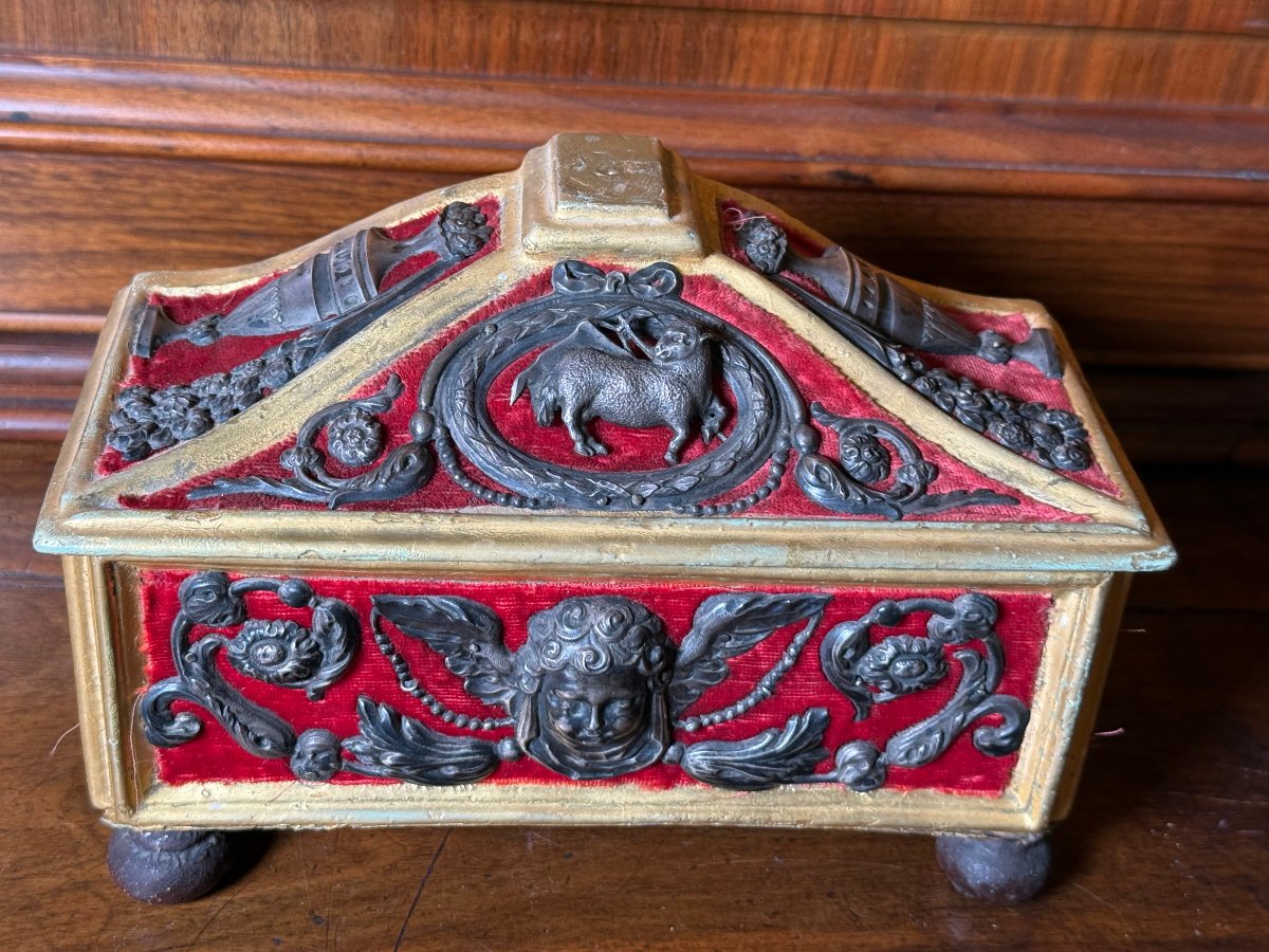 A Velvet-lined Wooden Box For The Grains Of The Paschal Candle, With Silver Inlays 