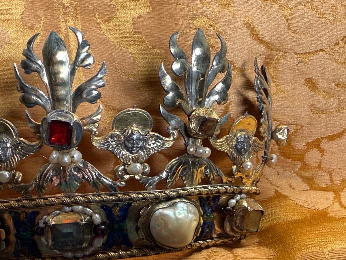 18th-century Silver Tiara With Pearls, Colored Glass Beads Cut In A Jewel-like Style, And Enamel -photo-3