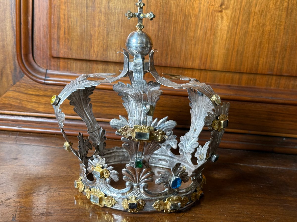 18th-century Silver Crown With Gilded Copper Inlays And Cut Colored Glass 