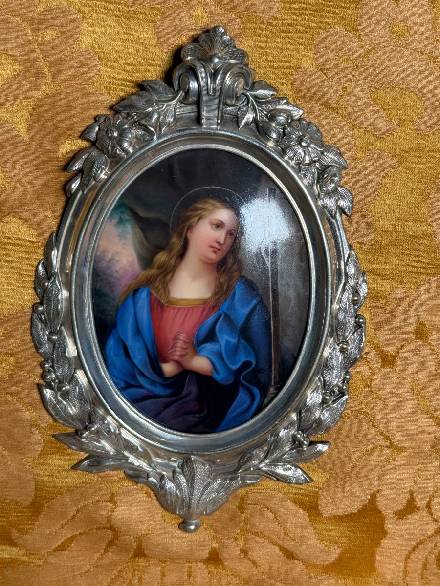 A Hand-painted Porcelain Plaque Set Within A Frame Of Embossed And Chased Silver 