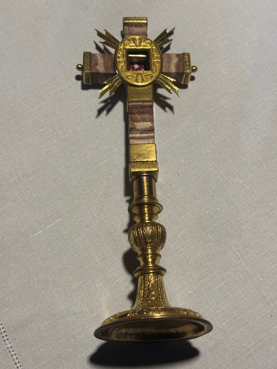 Onyx And Gilded Bronze Crucifix On A Circular, Ornately Carved And Chiseled Base 