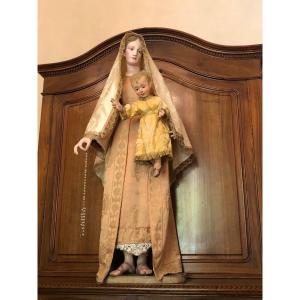Statue-mannequin "habillé" En Carton Romain De Marie Et ​​enfant Jésus XVIIIème Siècle 