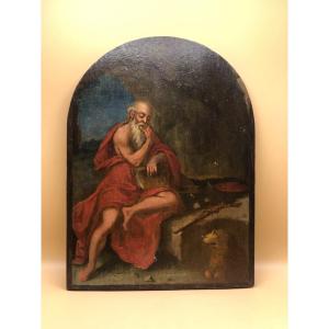 Beautiful Centered Tablet Painted In Oil Representing Saint Jerome, 18th Century Work  