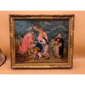 Peinture Sur Verre Du 18ème Siècle Représentant Le Mariage Mystique De Santa Caterina De'ricci