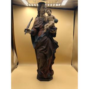 Statuette En Bois Sculpté, à Rayures Et Polychrome Représentant Marie à l'Enfant