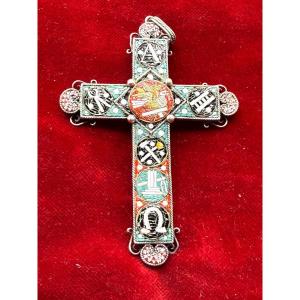 Croix reliquaire pectorale en argent avec mosaïque et relique de la Sainte Croix