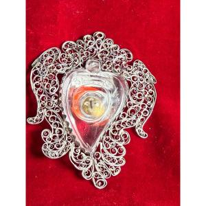 Reliquaire en filigrane d'argent et cristal de roche de la Sainte Croix de Notre Seigneur Jésus