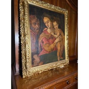 Oil Painting On Canvas Depicting The Virgin Mary With The Child And St. Joseph, Dating From The Late 19th Century To The Early 20th Century