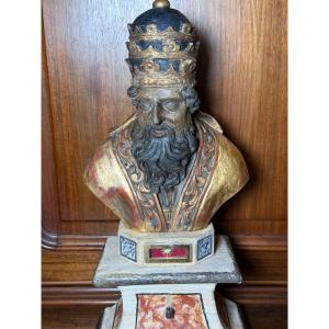 Buste-reliquaire sculpté et peint du pape Léon le Grand, XVIIIe siècle  