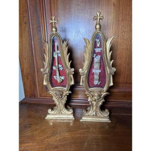Paire de reliquaires sculptés et dorés représentant les saints Coronati Crescezio e Teodulo