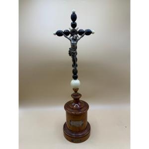 Table-top Crucifix From 1859, Made Of Silver And Precious Woods, Containing A Relic Of The Holy Cross  Dimensions