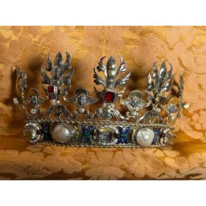 18th-century Silver Tiara With Pearls, Colored Glass Beads Cut In A Jewel-like Style, And Enamel