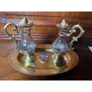 A Pair Of Mass Vials Made Of Cut Crystal, Mounted On Bronze Stands With Their Accompanying Plates